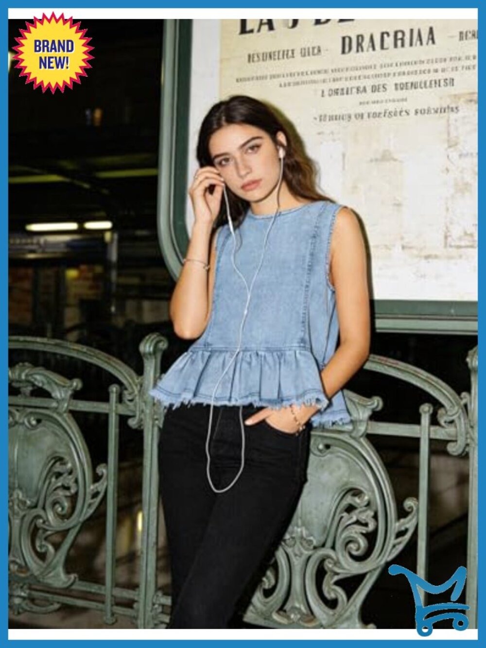 Sleeveless Denim Vest Button Back Crew Neck Ruffle Hem Swing Y2K Top - Picture 3 of 6